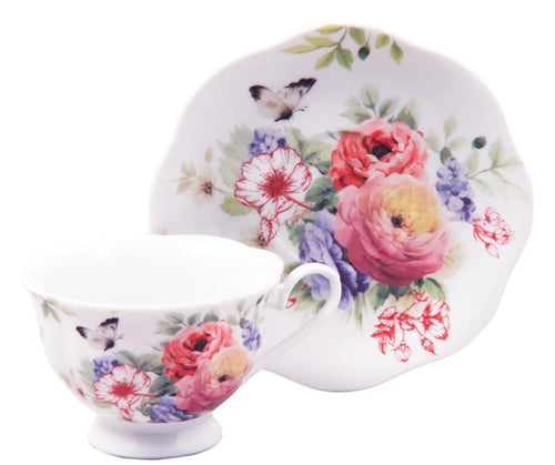 Set of 6 Wild Roses and Butterflies Discount Tea Cups and Saucers