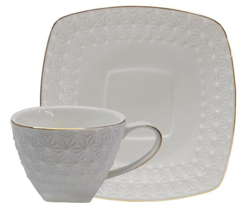 White Bone China Embossed Teacups & Saucers - Case of 24