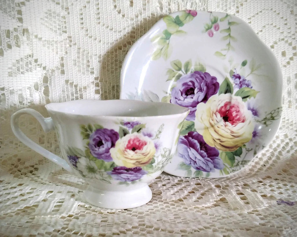 Case of 24 Purple and Yellow Roses Discount Tea Cups and Saucers