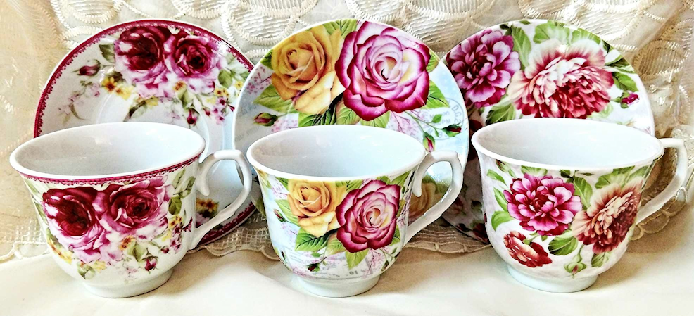 Assorted Rose Wholesale Price Bulk Porcelain Teacups and Saucers include 6 Tea Cup & 6 Saucers