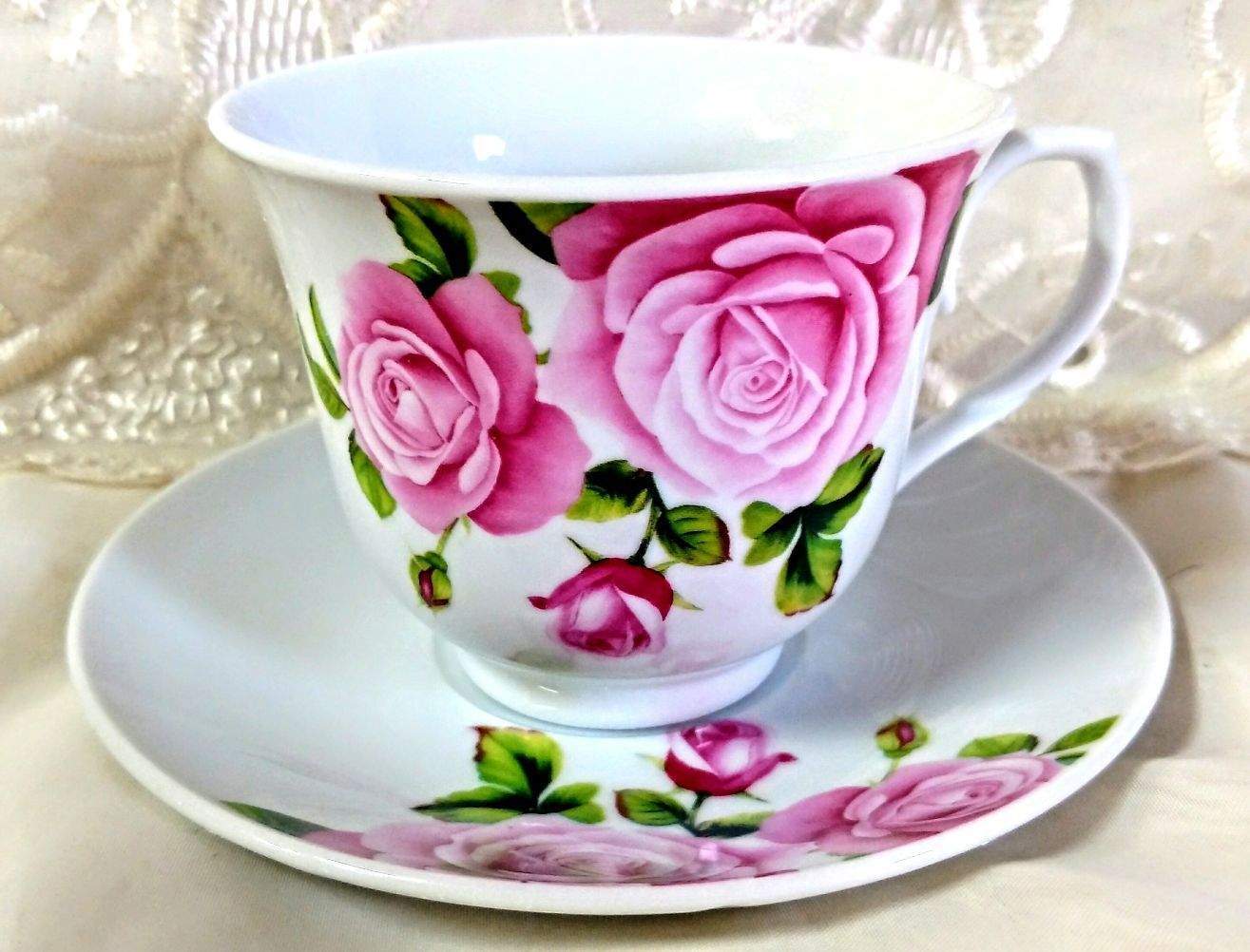 6 Pink Rose Bulk Porcelain Inexpensive Teacups (Tea Cups) & Saucers