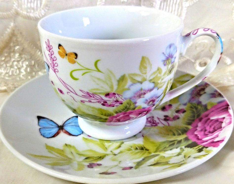 White Butterfly Wholesale Tea Cups and Saucers